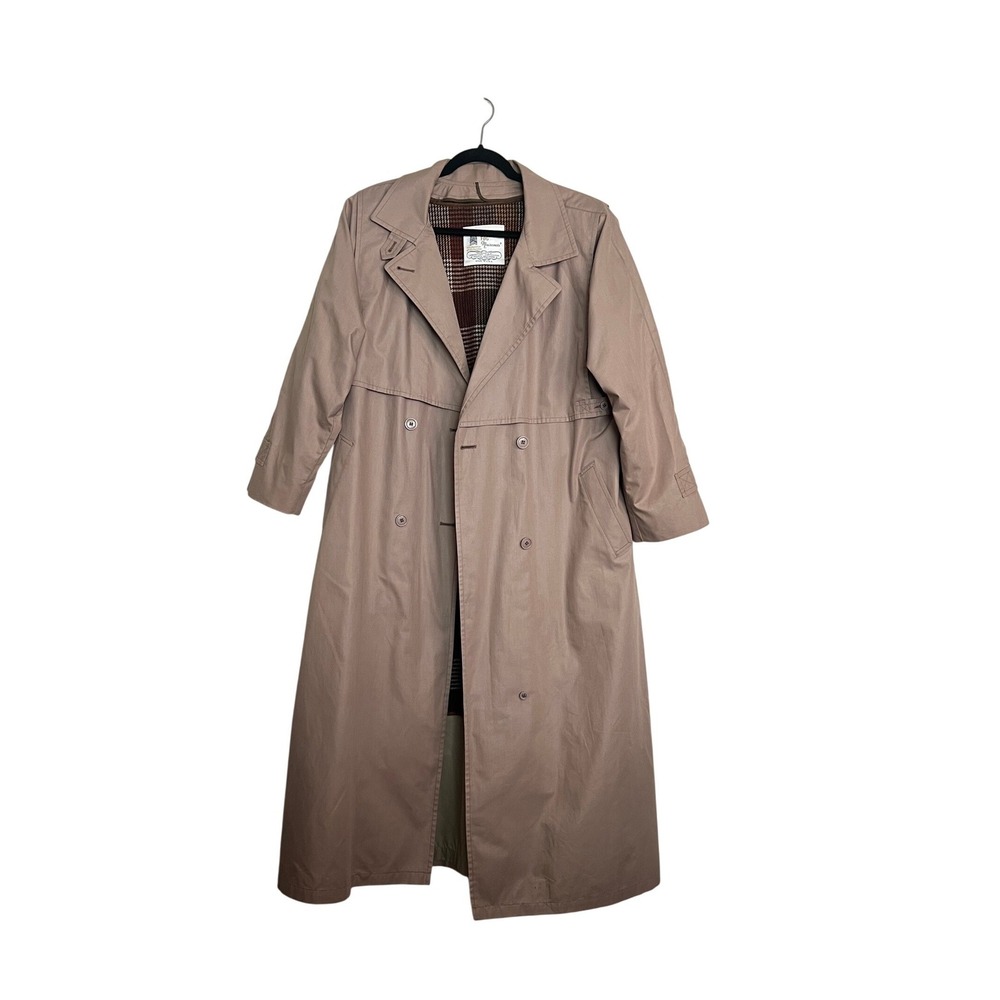 Vintage London Fog Maincoats Trench Coat Tan Beige Plaid Lined Longline USA Made